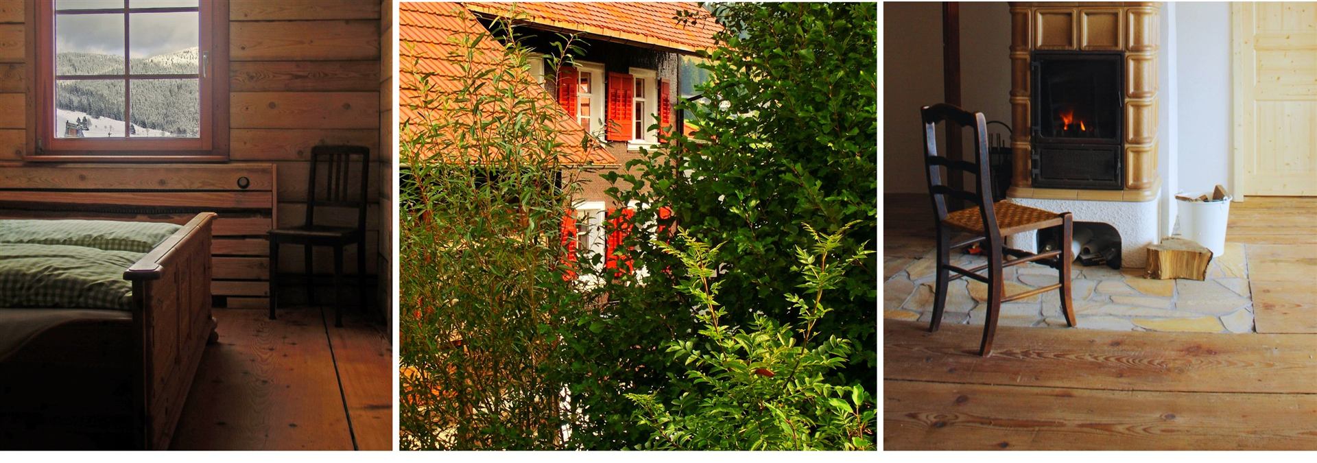 Holzbett mit Bergblick, historische Hausfassade mit roten Fensterläden und Kachelofen im Schwarzwaldbauernhaus Bernau