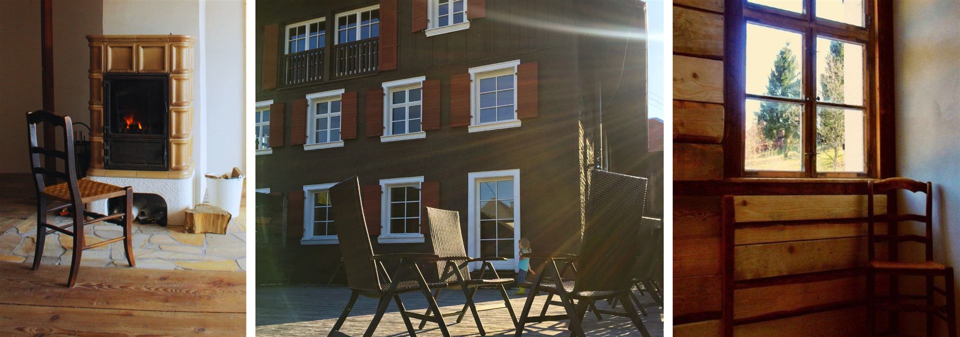 Kachelofen mit Sitzgelegenheit, sonnige Terrasse mit Rattanstühlen und Blick durch ein historisches Sprossenfenster im Schwarzwaldbauernhaus Bernau