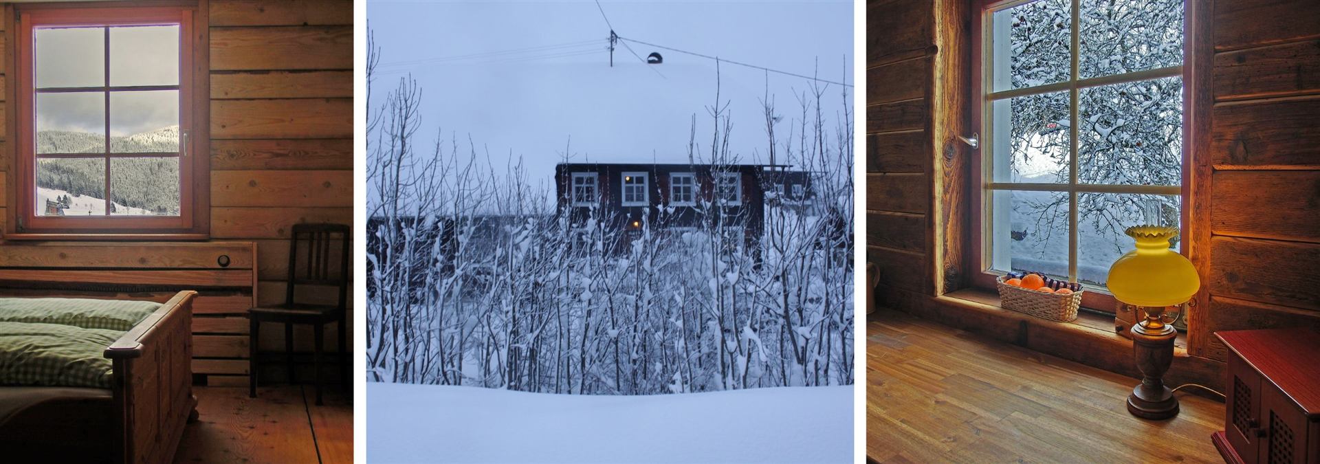 Verschneite Winterlandschaft rund um das Schwarzwaldbauernhaus Bernau mit Blick aus dem beheizten Zimmer